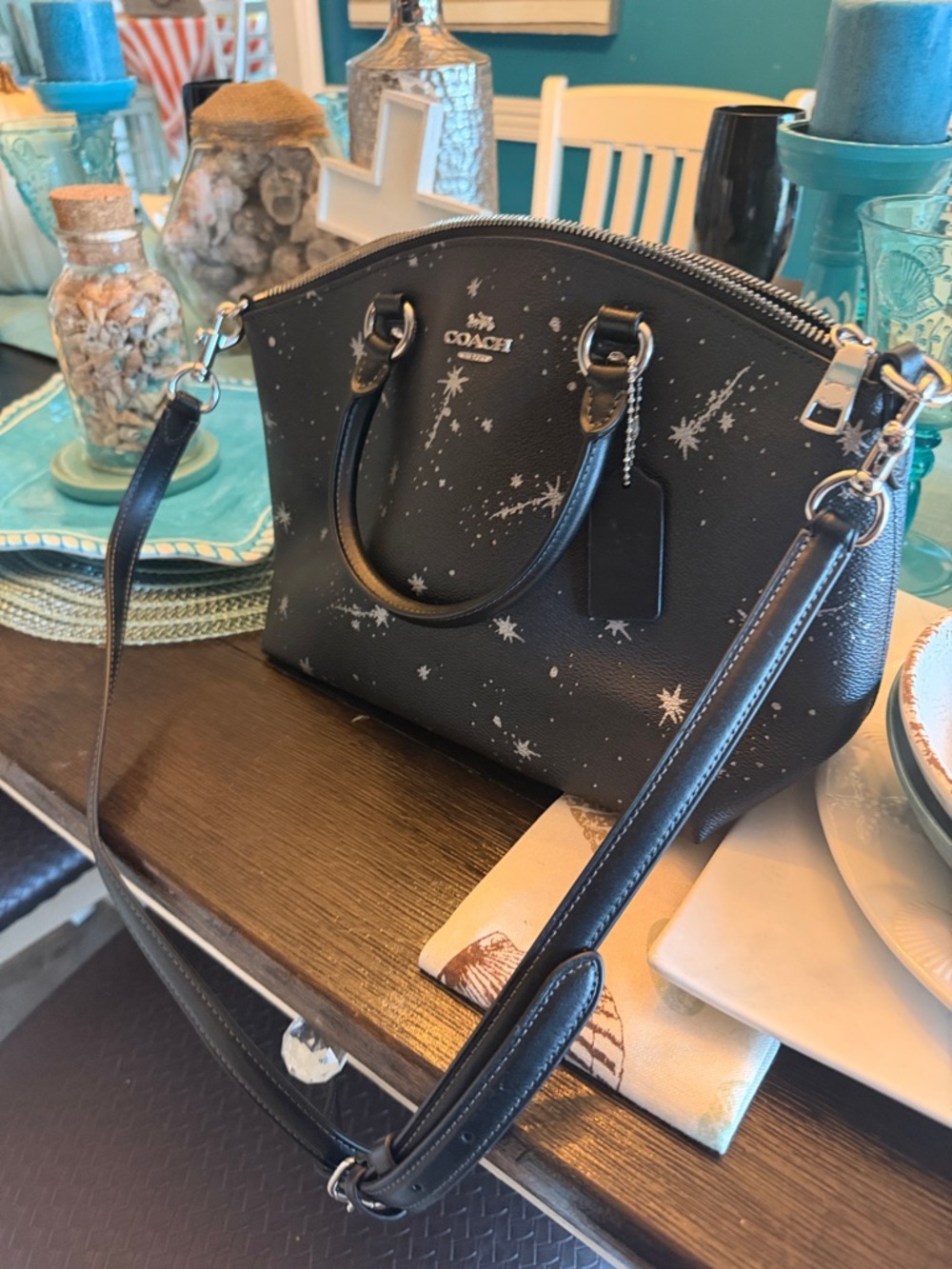 Coach Black Leather Star-Print Satchel - Picture 7 of 8